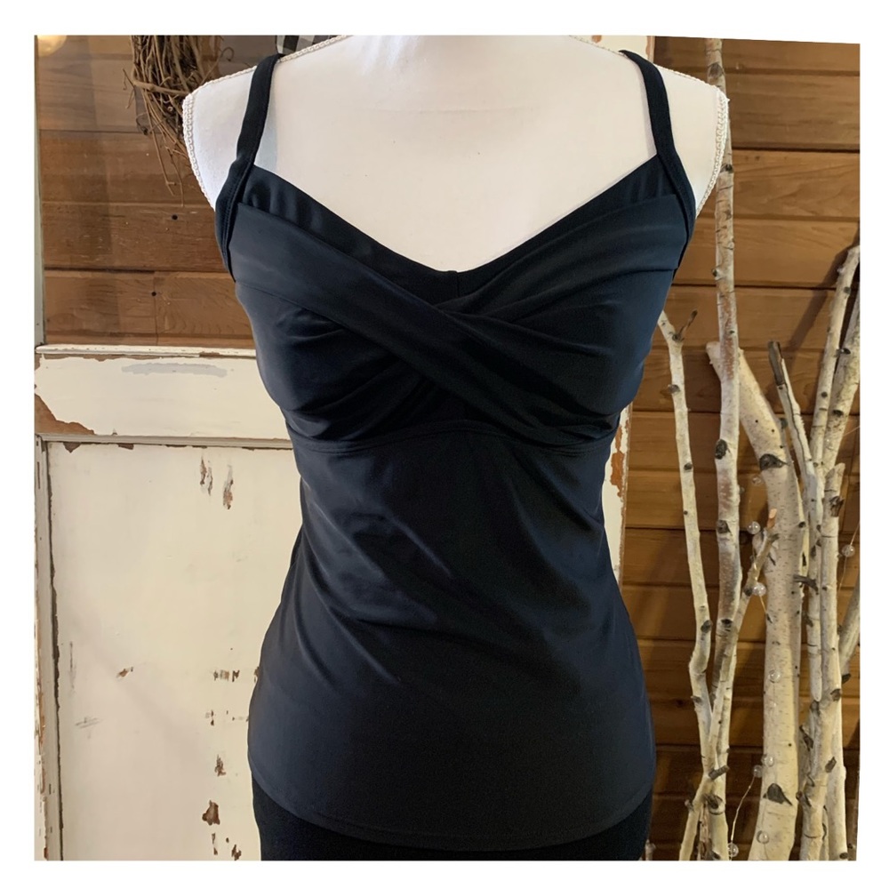 Athleta black twist up X back tankini swim top